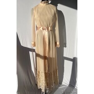 Vtg 60s 70s Accordion‎ Pleated Chiffon Lace Maxi Dress S Pink Gunne Sax Style